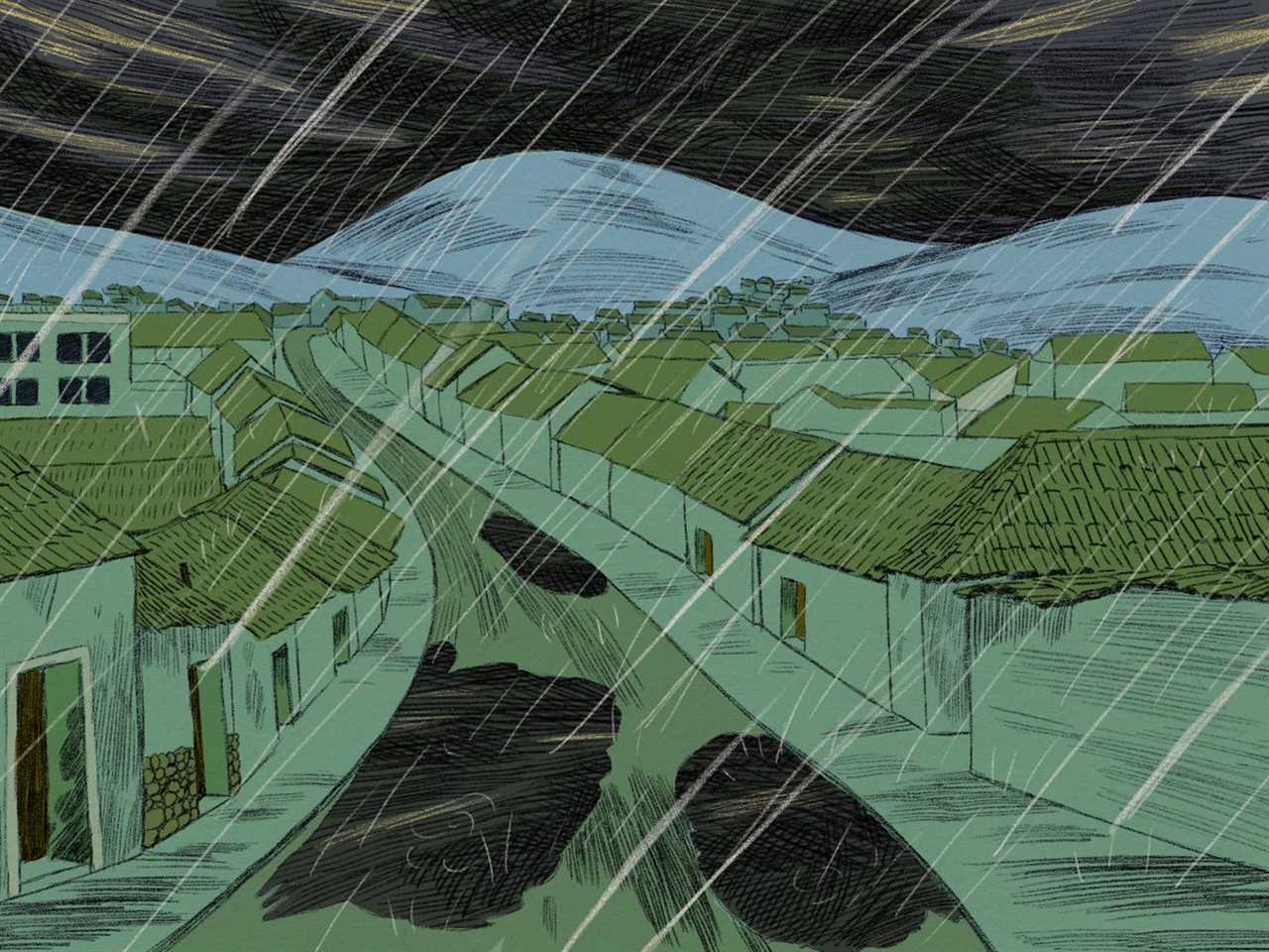 An illustration of heavy rainfall overwhelming a street in a Bolivian town.