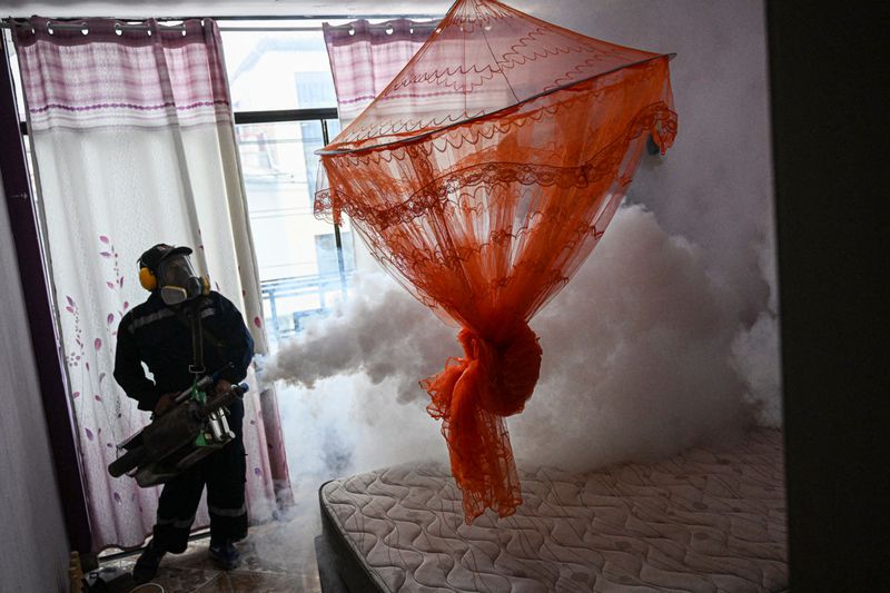 A worker fumigates a house against the Aedes aegypti mosquito to prevent the spread of dengue fever in a neighborhood in Piura, northern Peru, on June 11, 2023.