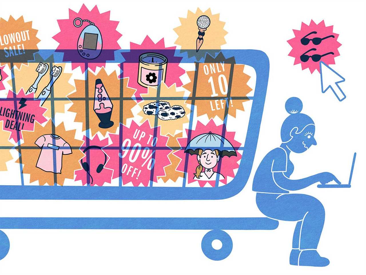 An illustration shows a woman sitting on the bottom tier of a giant shopping cart filled with all kinds of items available on Temu. Starburst shapes mixed in with the items read “Blowout sale,” “Only 10 left,” and “Up to 90% off.”