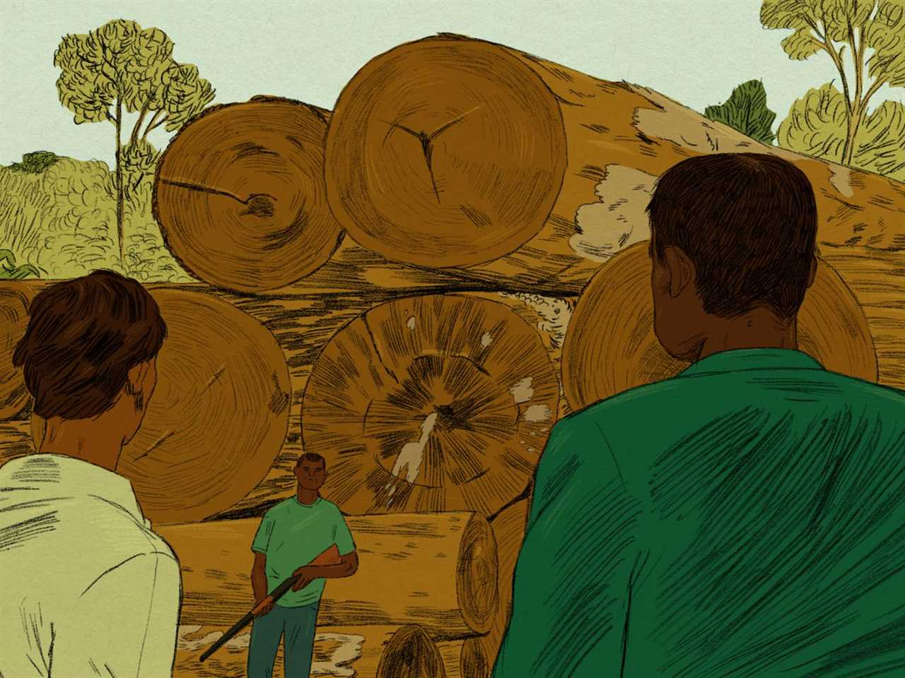 An illustration shows a man with a gun standing in front of a pile of giant logs and a forest beyond. Two figures in the foreground are approaching him.