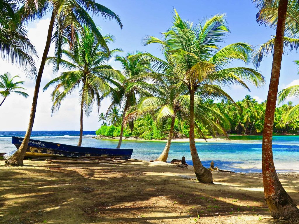 palm trees and boat near the beach in san blas inslands panama