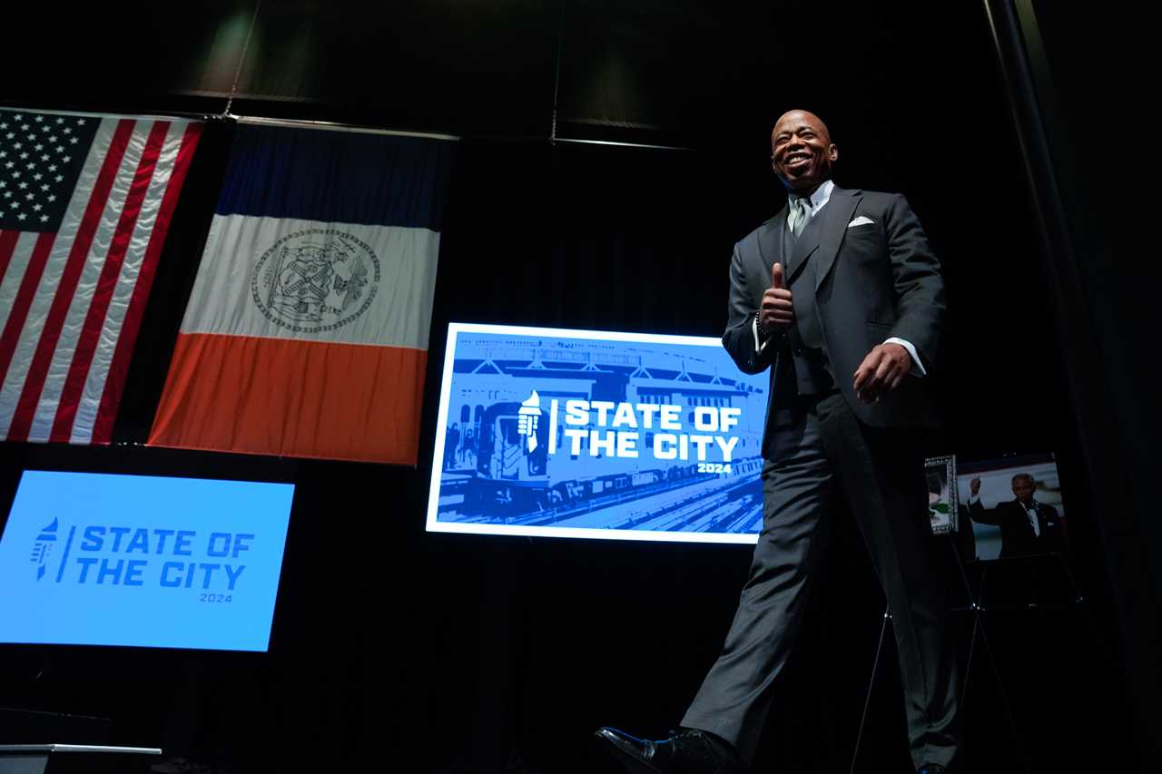 New York City Mayor Eric Adams gives a positive speech in preparation for his reelection