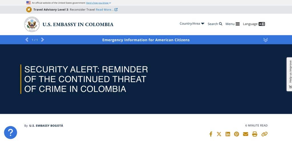 U.S. Embassy in Colombia issues travel warning reminder over continued crime