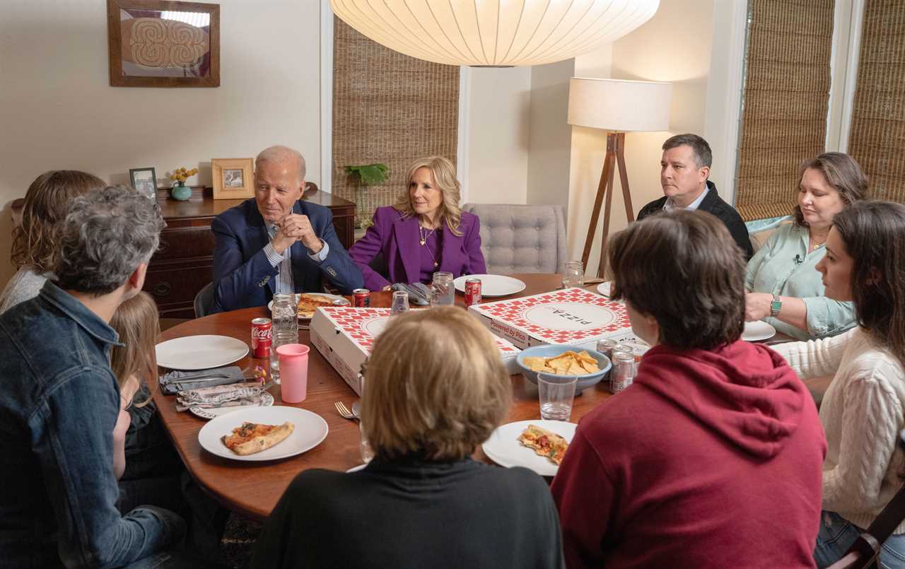 President Joe Biden and first lady Jill Biden enjoy pizza with the Cunicelli family Friday before heading to the rally at Strath Haven Middle School. (COURTESY PHOTO)