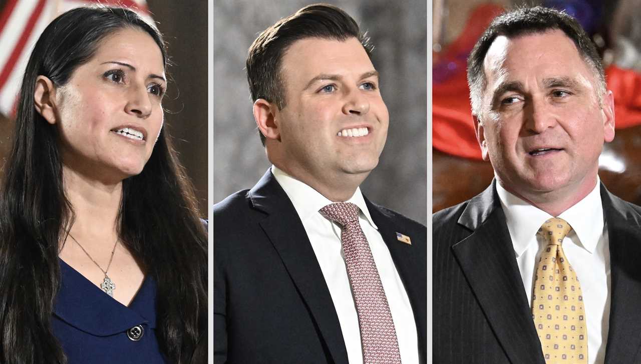 From left, Maria Montero, Ryan Mackenzie and Kevin Dellicker are vying for the Republican nomination for Pennsylvania's 7th congressional district in the April 23 primary election. The district includes Lehigh, Northampton and Carbon counties and part of Monroe. The winner will face Democratic incumbent Susan Wild in November. (Amy Shortell/The Morning Call)