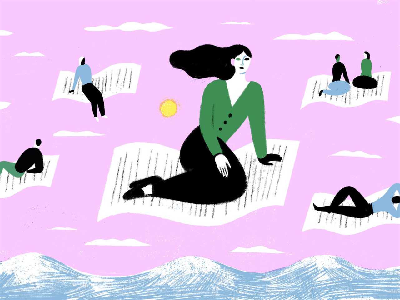 An illustration of several figures sitting casually on tax forms, floating above a rocky, blue mountain range below. The sky is lavender and filled with clouds. 