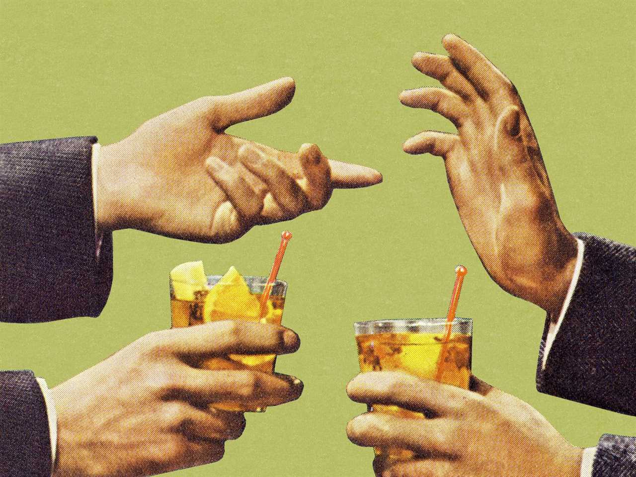 An illustration of two pairs of hands gesturing as in conversation while holding cocktails.