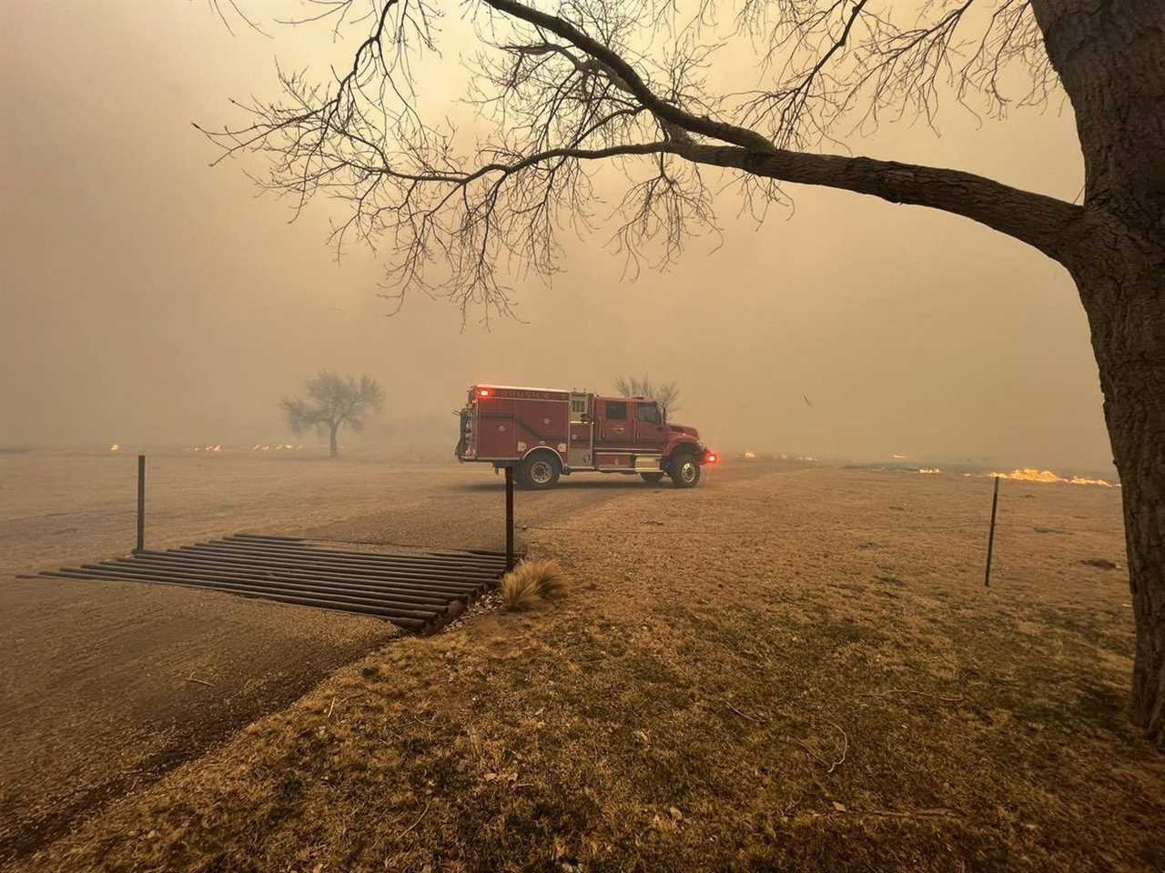 A fire truck driving towards the Smokehouse Creek fire in the Texas Panhandle region on February 29, 2024.