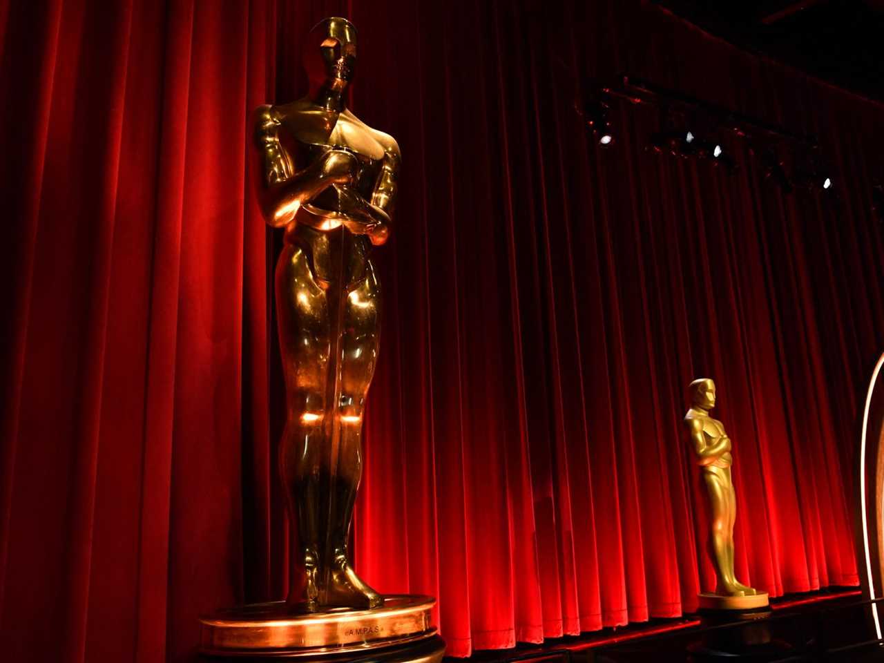 Oscar statues adorn the stage before the start of the the 96th Academy Awards nominations announcement at the Samuel Goldwyn Theater in Beverly Hills, California, on January 23, 2024.&nbsp;