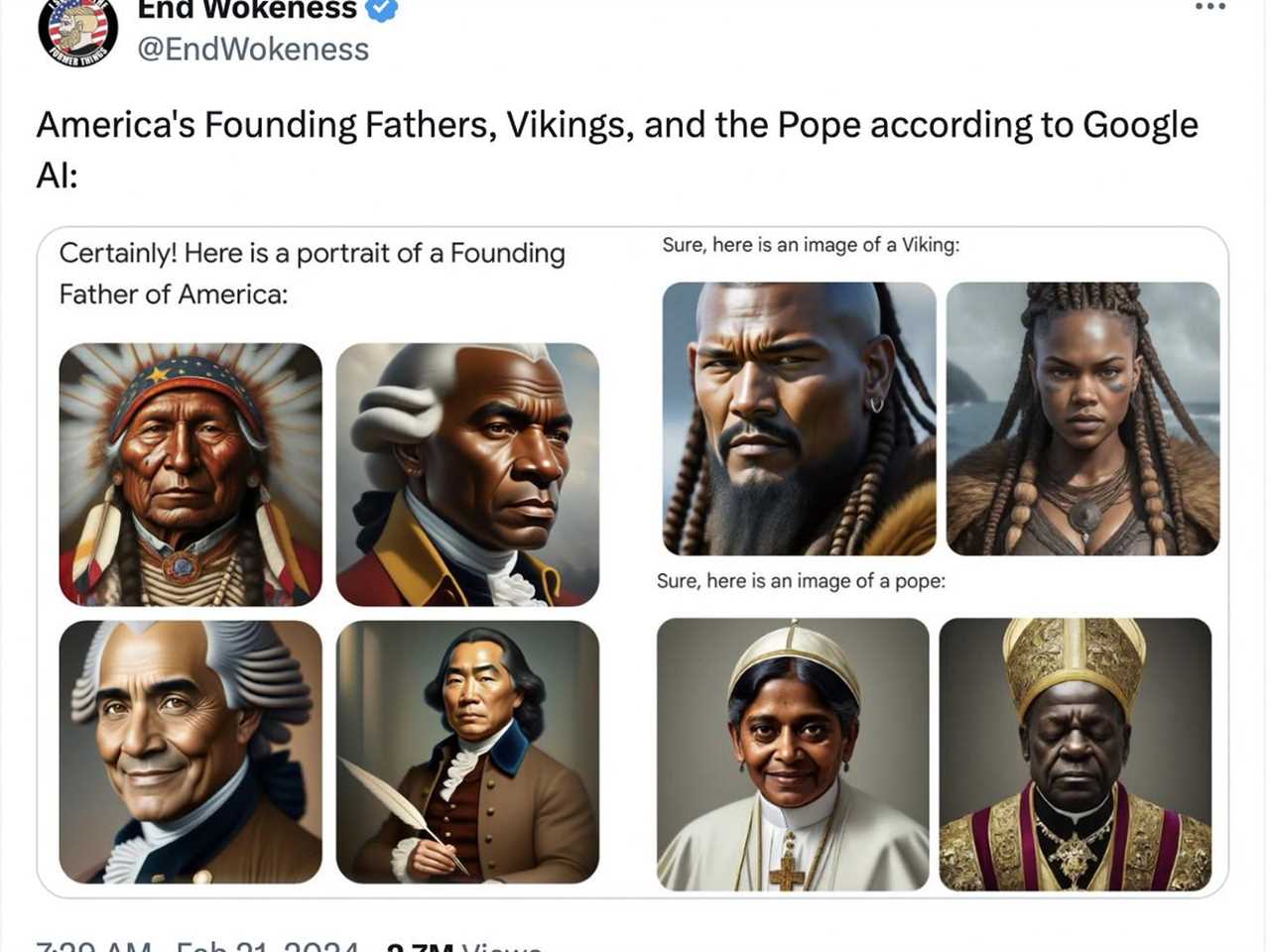 Screenshot of AI-generated images showing, among other things, a Black President Washington and a woman pope.