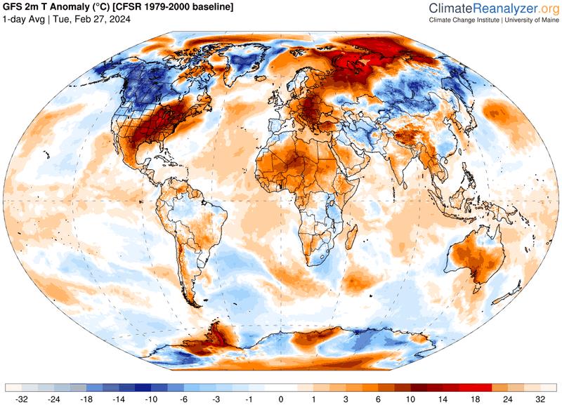 Map of global temperature anomalies on February 27, 2024