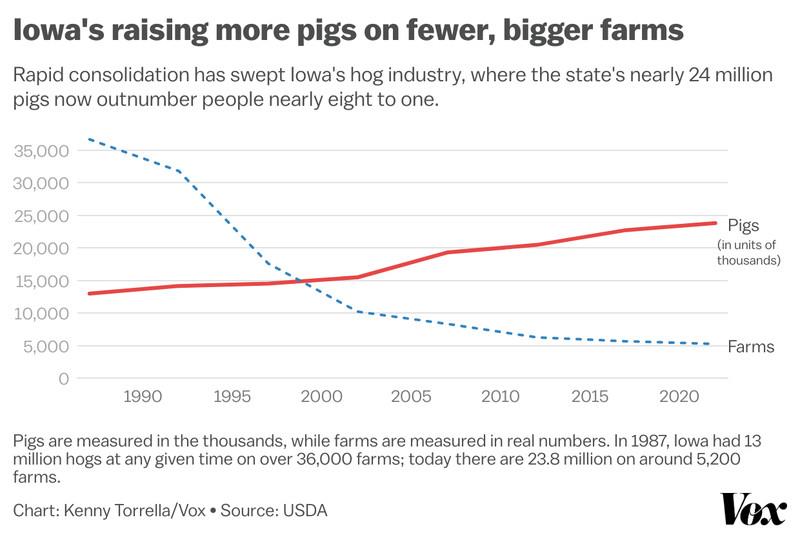 chart showing the number of pigs raised in Iowa increase from about 13 million in 1987 to 24 million today, while total number of farms decreased from over 35,000 to just over 5,000 over the same period.