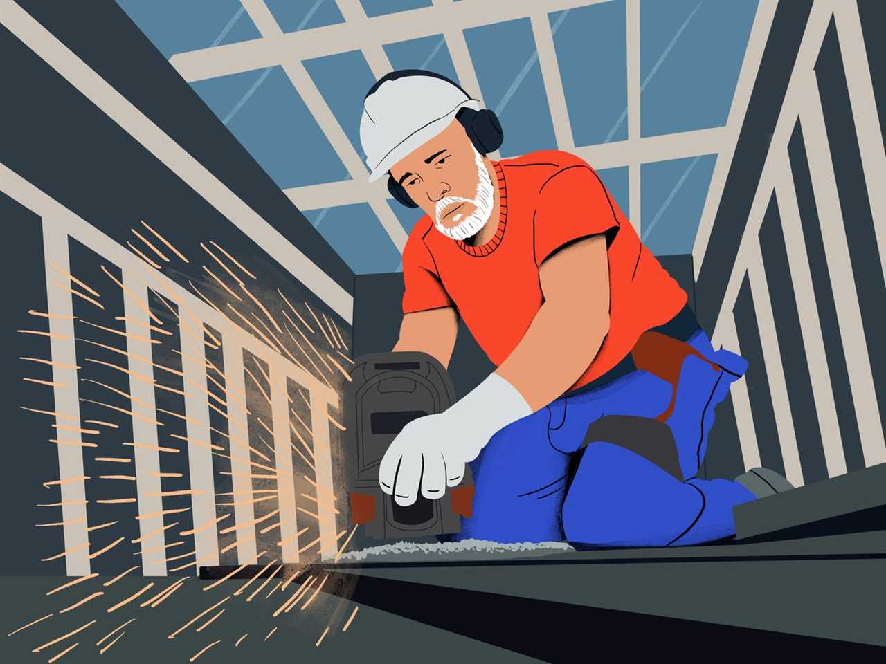 Illustration of an older man working a construction job.