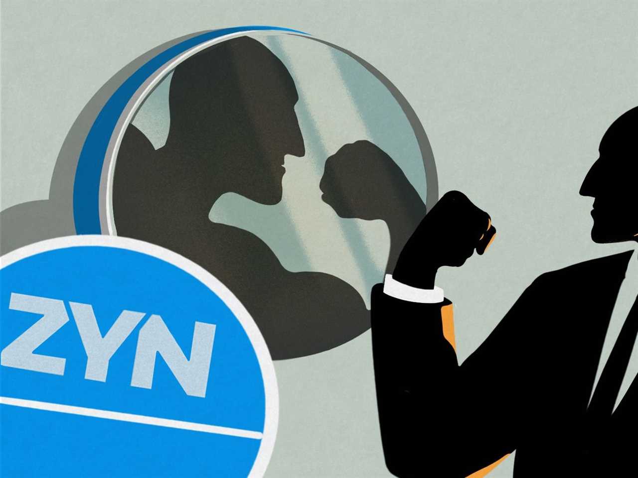 An illustration depicting a businessman flexing and looking in the mirror at an even more muscular version of himself. The mirror sits within an oversized Zyn package.