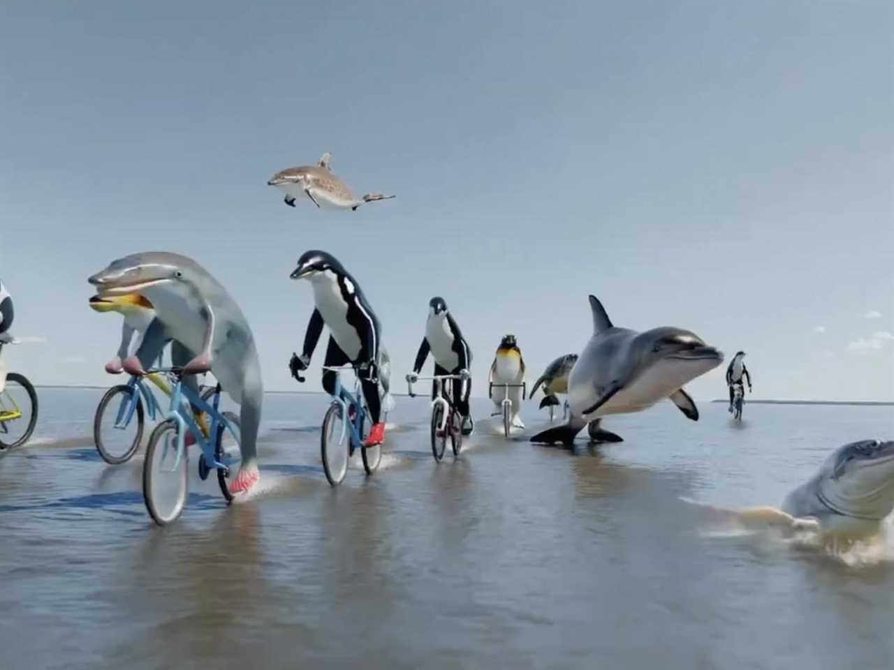 An AI-generated video from Sora, OpenAI’s new generative video model, shows sea creatures like fish and dolphins with legs, riding bicycles on top of an ocean.