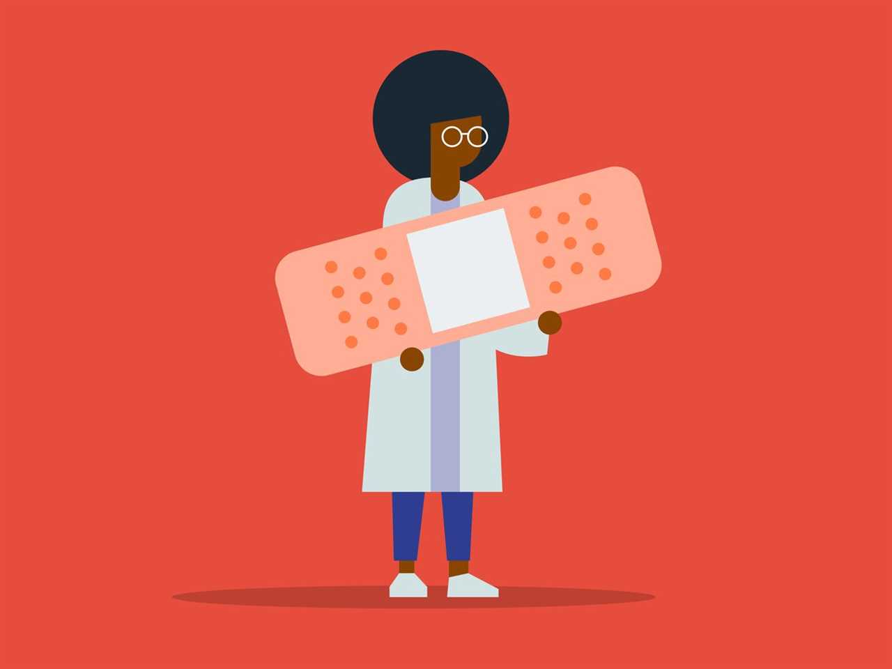 A drawing of a Black female doctor holding a large band-aid.