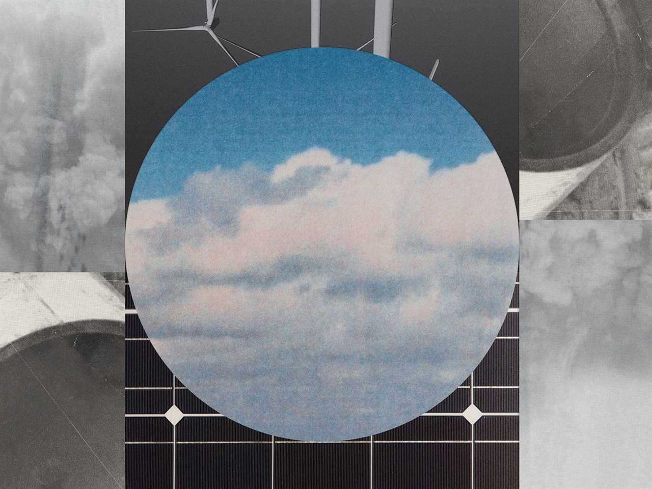 A photo collage includes images of clouds on a blue sky, solar panels, wind turbines, pipelines, and puffs of smoke.