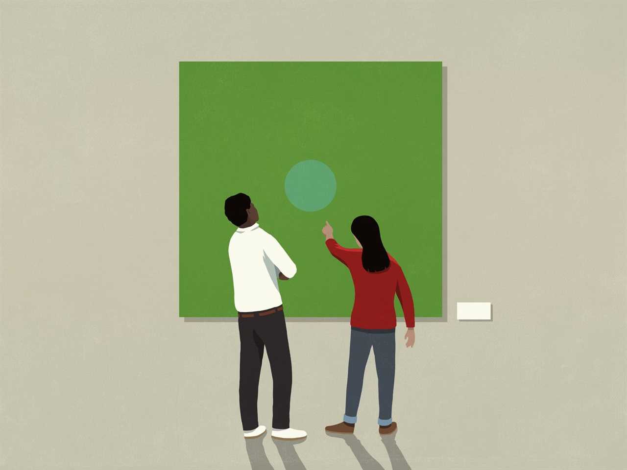 A drawing of two people looking at a square canvas on a wall.