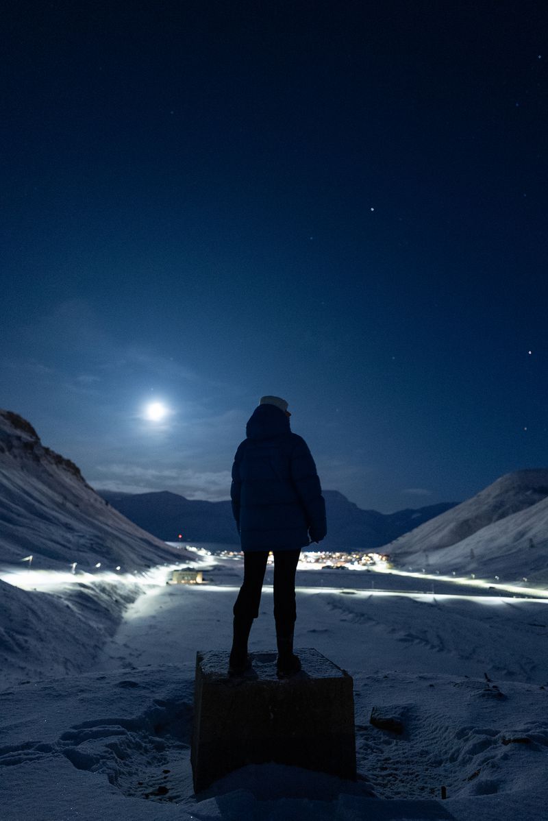 A woman is standing on a box looking out on snowy, hilly terrain lit only by moonlight.